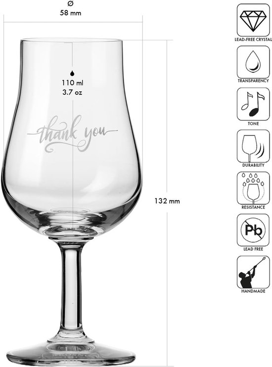 KROSNO Glas met opschrift „Thank You“, „Dank je“ voor whisky, brandy en likeuren 110 ml,1 stuk – elegant loodvrij kristalglas – cadeau, decoratief glas, bedankje