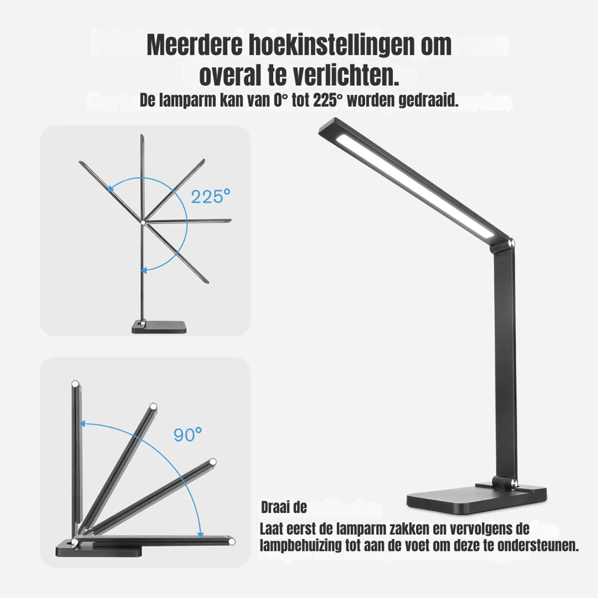 Quvo® Bureaulamp led dimbaar daglicht - USB oplaadbaar - 5 kleurenfuncties - Daglichtlamp - Touchscreen - Lichttherapielamp - Hobby lamp voor schilderen, puzzelen – UV-Vrij - Tafellamp/lamp staand - Zwart - ‎40cm x 12cm x 4cm thumbnail 4