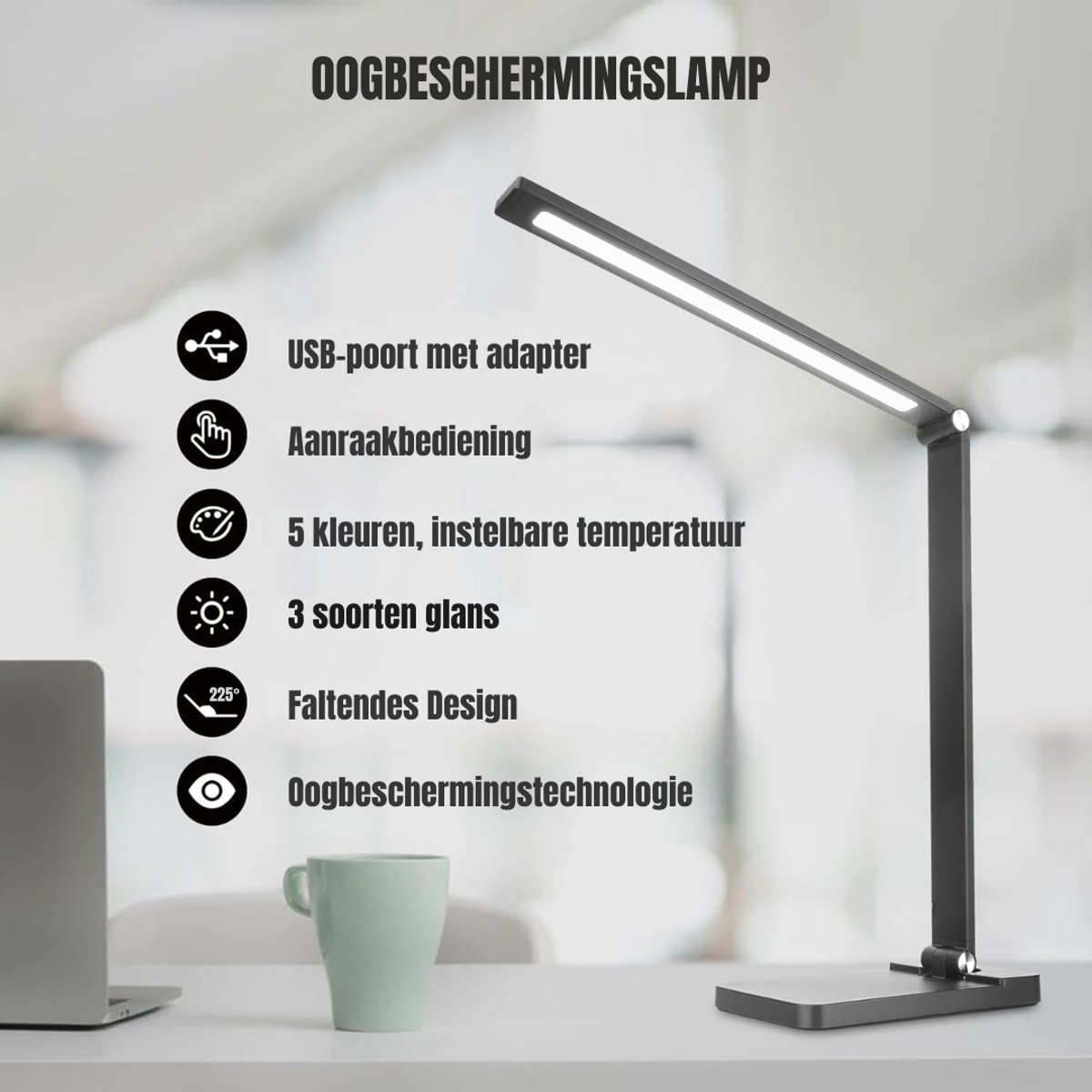 Quvo® Bureaulamp led dimbaar daglicht - USB oplaadbaar - 5 kleurenfuncties - Daglichtlamp - Touchscreen - Lichttherapielamp - Hobby lamp voor schilderen, puzzelen – UV-Vrij - Tafellamp/lamp staand - Zwart - ‎40cm x 12cm x 4cm thumbnail 8
