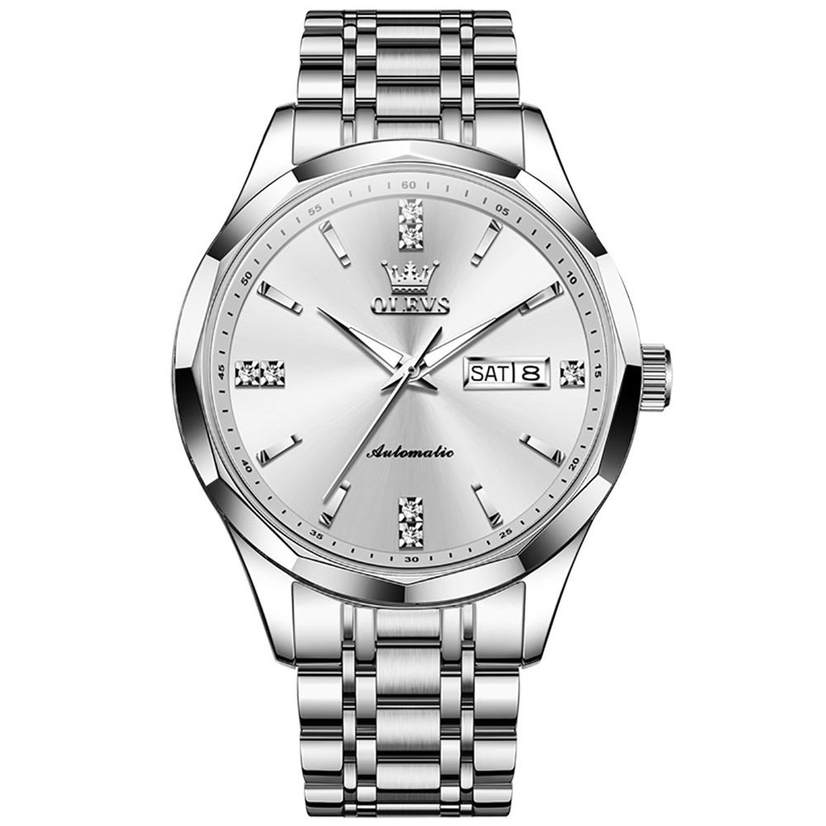 HO-7056.z : Olevs automatisch mechanisch zilverkl edelstalen Tourbillon horloge, zilverwitte wijzerplaat, kalenderdag, dagnaam