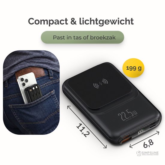 Zwarte magnetische powerbank met 22.5W, 199g, past in broekzak.