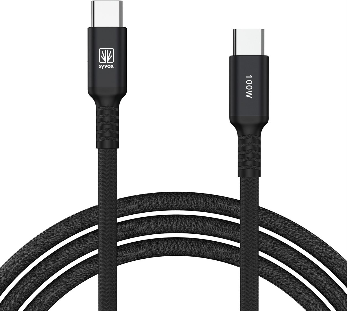 SYVOX Essential USB-C naar USB-C Kabel – 100W – 480 Mbps – 2m – Nylon Gevlochten – Zwart