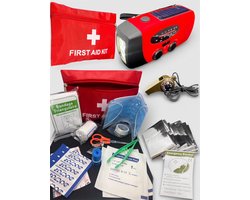 Noodpakket SET [NOODRADIO/POWERBANK/ZAKLAMP#22-DELIGE EHBO SET#NOODDEKEN/THERMISCH# FLUIT/COMPAS/THERMOMETER]