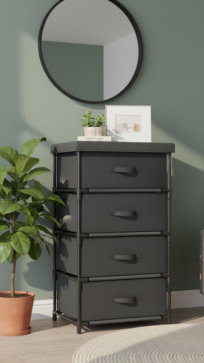 NoirLine Opbergcommode met 4 Stoffen Laden – Zwart – Metalen Frame – Smalle Ladekast voor Slaapkamer, Hal, Woonkamer en Kantoor – 85 x 44 x 34 cm - House&Garden