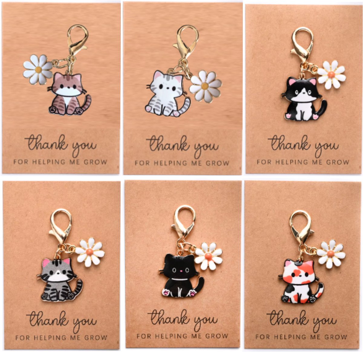 Pradeo - Katje Sleutelhanger - Gelukshanger - Hangertje - Katje - Poesje - Kat - Poes - Cat - Key Chain - Met Bloemetje - Pocket Hug - Klein Cadeau / Geschenk - Met Kaartje Met Tekst - 6 verschillende kleuren