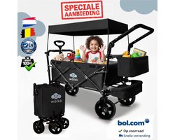 Wölkli Bolderkar opvouwbaar Bolderwagen kinderen kind Black on Black bolderwagen met dak Strandkar | incl. 2x 3-punts gordelsysteem | massief rubberen banden | rem voor en achter | + draagtas