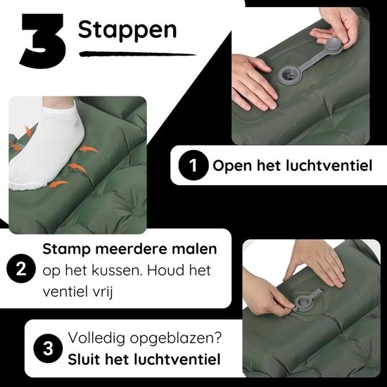 Stappenplan: 1. Open ventiel. 2. Stamp op kussen. 3. Sluit ventiel. Zelfopblazend.
