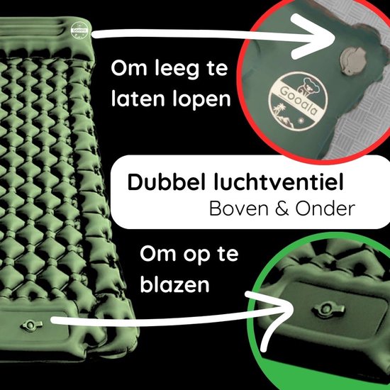 Groene slaapmat met dubbel luchtventiel (boven & onder) voor opblazen en leeglaten.