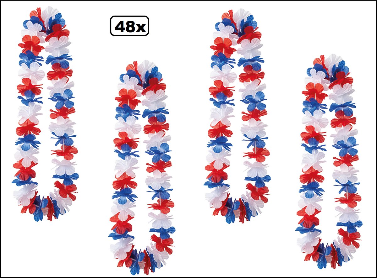 48x Hawai slinger rood/wit/blauw - bloemenkrans - Holland WK Voetbal thema feest hawaii krans Frankrijk