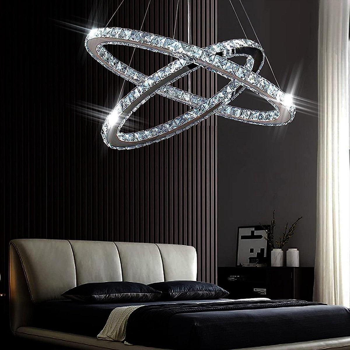 MELVRA Kristallen Kroonluchter - LED Plafondlamp - Ovaal 2 Ringen - 56 cm & 32 cm - Met Afstandsbediening - 6500K Wit Licht - Hanglamp voor Woonkamer & Eetkamer