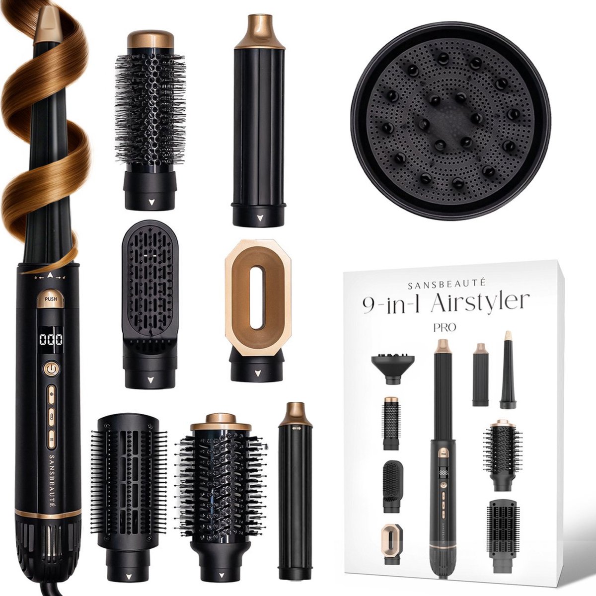 Sansbeauté® 9-in-1 Airstyler met Diffuser - Multistyler - Hairwrap - Föhnborstel Kort Haar - Haarkruller - Haarstyler - Haardroger - Warmteborstel - Krulborstel - Krultang - Haarstijler - Stijlborstel - 5 in 1 Hairstyler