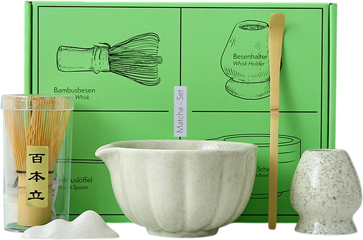 Matcha Thee Set - Kom - Klopper - Thee Zet Set - Licht Mosgroen