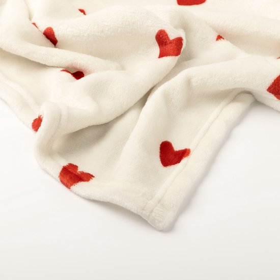 Fleece Plaid - Witte Plaid met Rode Hartjes - 140x180 cm
