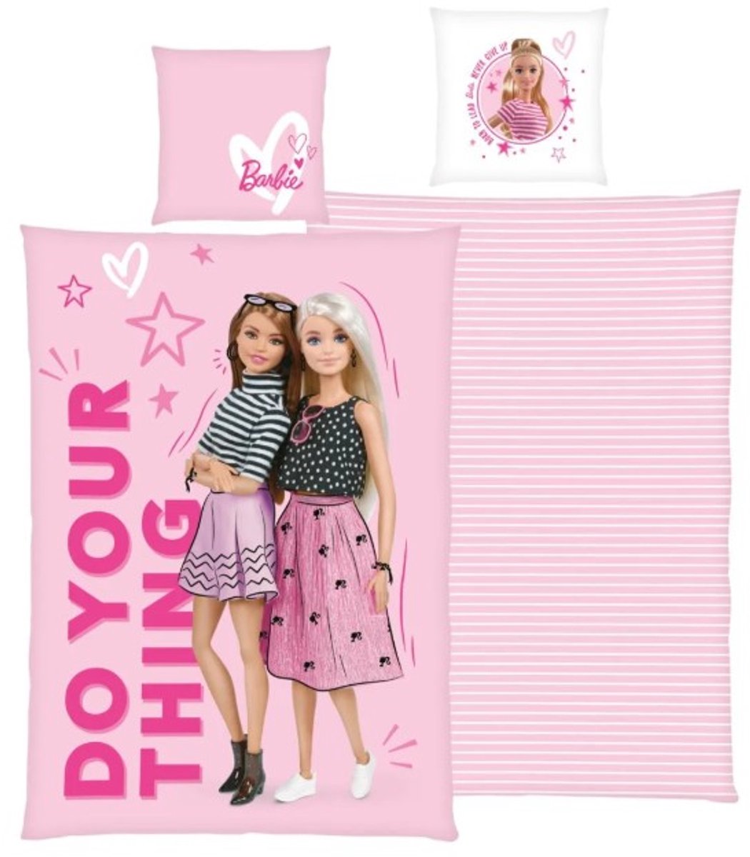 barbie dubbelzijdig dekbedovertrek - 1 persoons - 140x200cm - met kussensloop - barbie - roze - 100% katoen