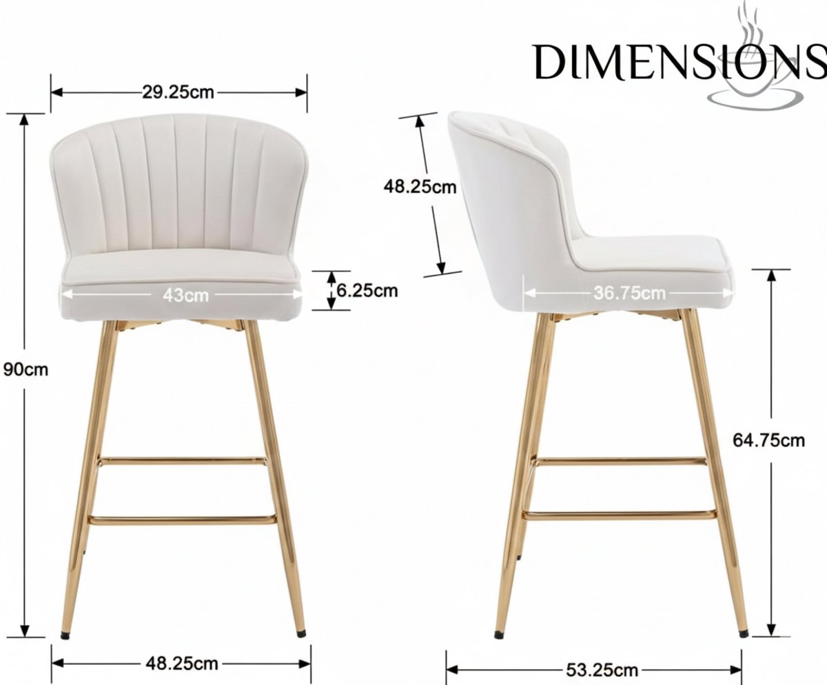 Barkrukken Set van 2 – House&Garden Luxe Fluwelen Barstoelen 90 cm – Ergonomische Gewatteerde Rugleuning – Beige Zitting – Met Gouden Metalen Poten – Voor Keuken, Eetkamer & Woonkamer