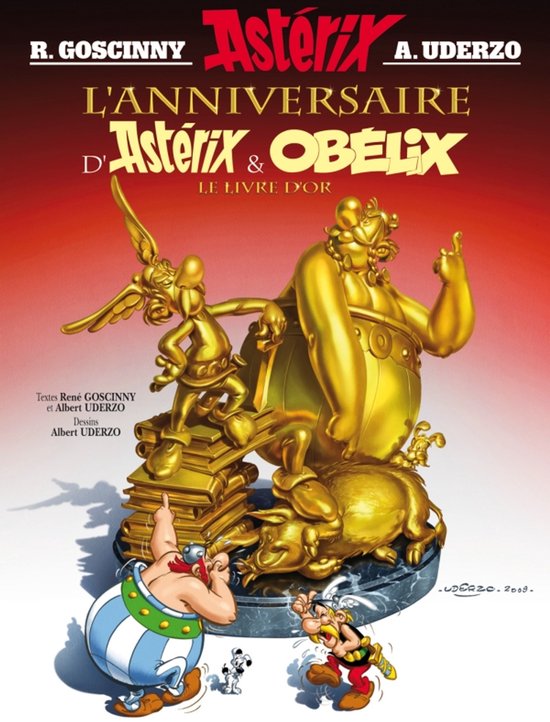 Gouden beeld van Asterix en Obelix met boekrol, staande op een stapel boeken en een schildpad. Asterix en Obelix kijken omhoog.