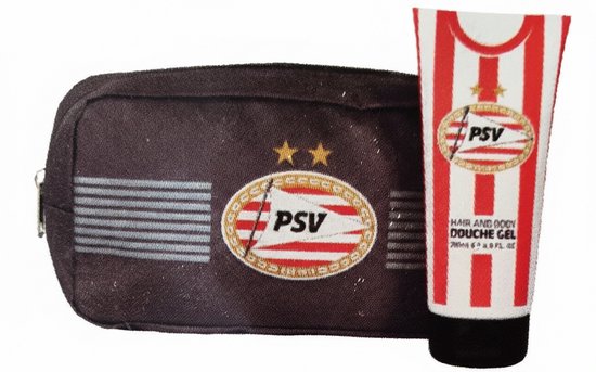 Zwarte toilettas met PSV logo en zilveren strepen, naast een rode en witte gestreepte douchegel tube met PSV logo.