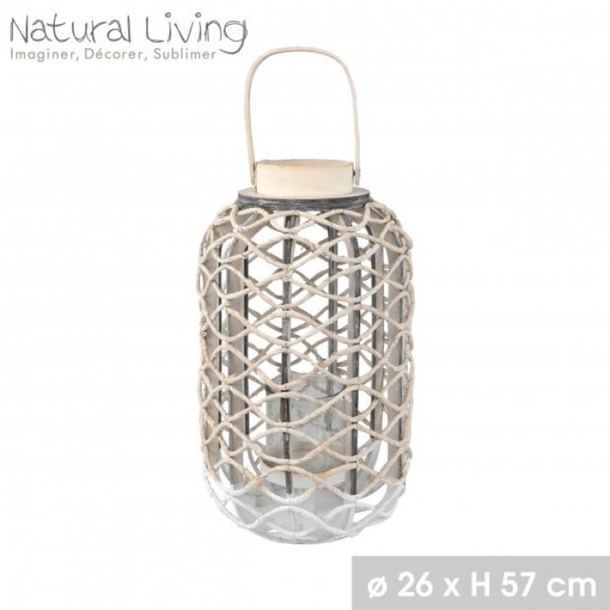"NATURAL LIVING" LANTAARN ARIA IN GEVLOCHTEN MAÏS MET GLAZEN KAARSHOUDER D26xH57CM