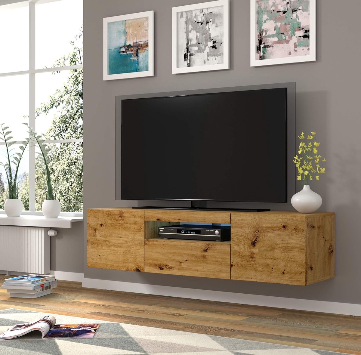 TV-meubel 150 cm Artisan Eiken – Modern Hangend of Staand Dressoir met Opbergruimte, Kabeldoorvoer en Open Plank – Aura 150 Abkantoor