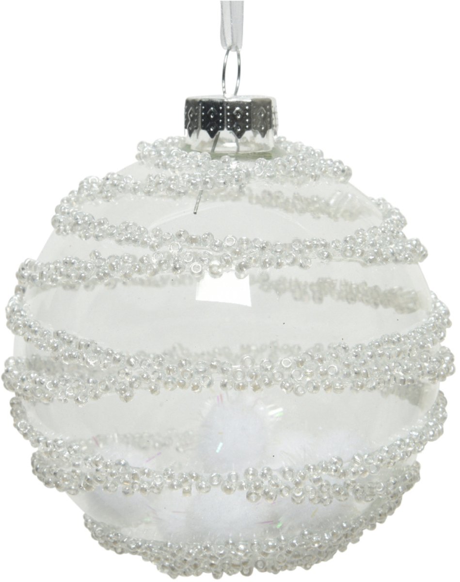 KAEMING B.V. - 3 transparante glazen bollen met pompons 8 cm, sneeuwdecor