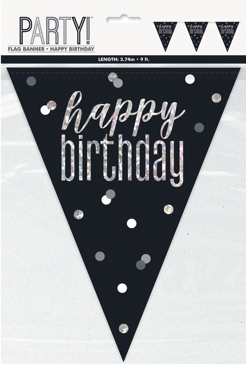 UNIQUE - Kunststof Happy Birthday slinger zwart en grijs 2,7 m met zilveren vlaggetjes