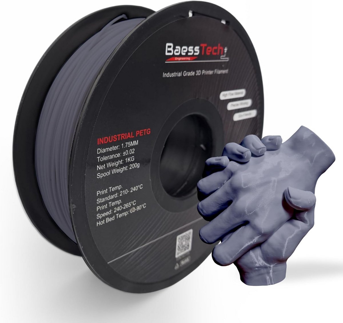 Premium PETG Filament 1.75mm, 1kg Spoel, Lichtgrijs - Hoge Kwaliteit voor 3D Printers