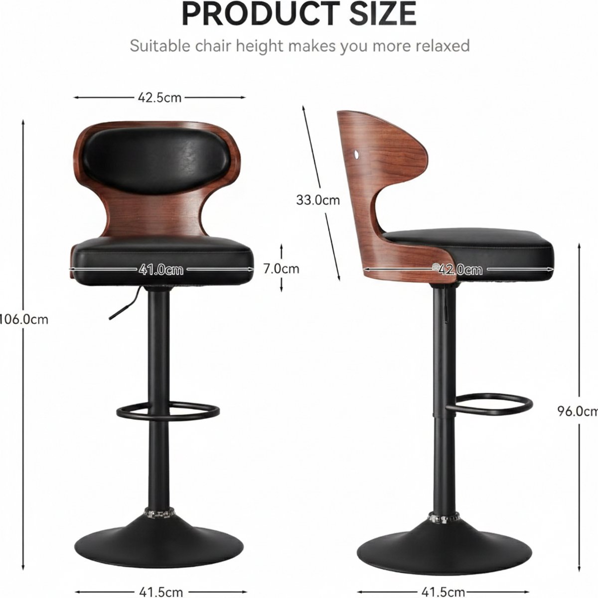 Barkruk 1-delige set House&Garden – Luxe 360° Draaibare Barstoel met Rugleuning, Voetensteun en Armleuningen – PU-Leren Zitting & Zwart Notenhout – Bistrokruk voor Keuken, Bar en Eetkamer FU01024BL