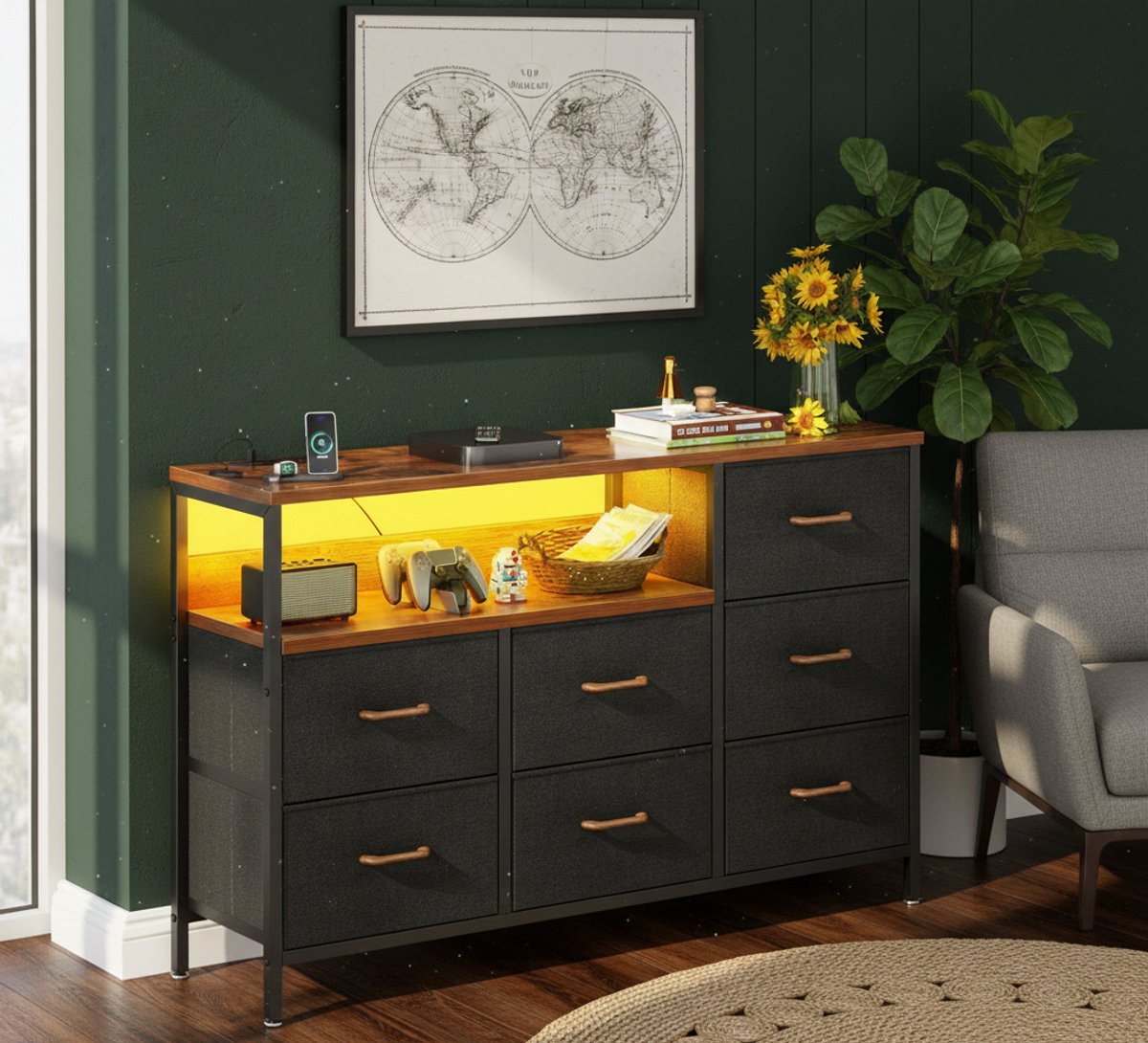 Aurora Luxe Commodekast met 7 Laden, LED-verlichting en USB & AC-poorten – Retro Design – Stoffen Ladekast voor Slaapkamer, Woonkamer – 132 x 30 x 89 cm - House&Garden
