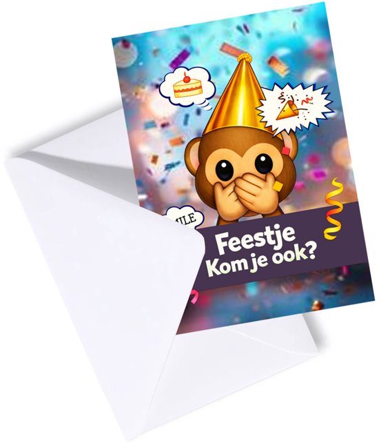 Feestje? Kom je ook? Kaart met een aapje met feestmuts, confetti en de tekst 'Feestje Kom je ook?'