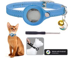BlueTime® Kattenhalsband inclusief Tag - Halsband Kat & Kitten met Kattenbelletje - Lederen Variant - GPS Tracker Kat zonder Abonnement - Geschikt voor Android Find My Device - Kattenbandje, Poes, Kattenriem air & Tuigje met Houder - Blauw