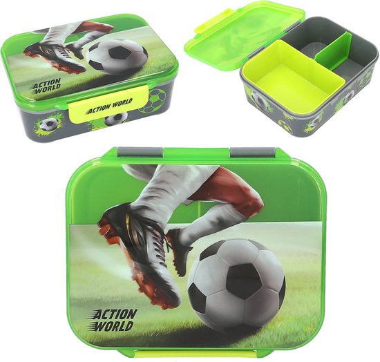 Boîte à pain avec un joueur de football donnant un coup de pied dans un ballon, verte avec intérieur gris.