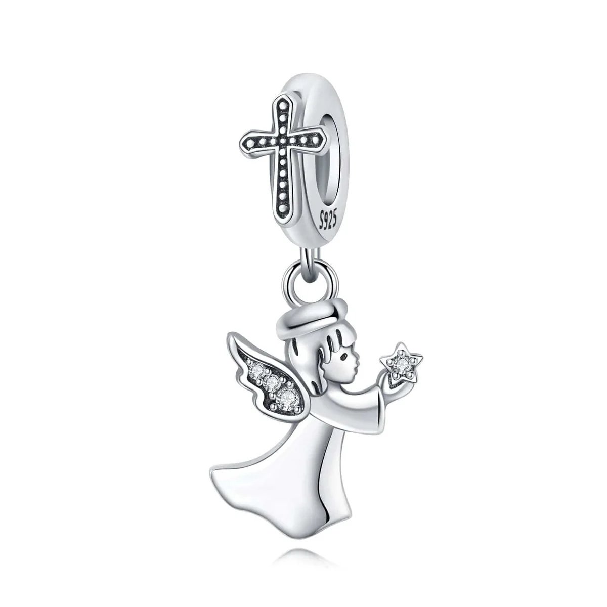 Fler® | Bedel | Past op populaire bedelarmbanden (standaard - 3mm) | Engel Bedel met Kruis | Hangbedel Charm | 925 sterling zilver | Transparante zirkonia | Zwarte emaille | Armband Kraal | Valentijnsdag Cadeau | Sinterklaas kado | Kerstcadeau