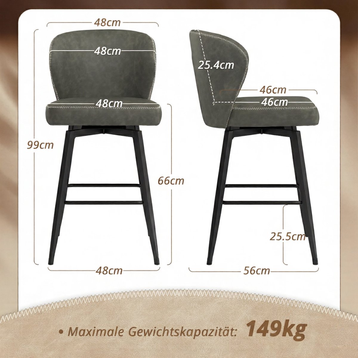 Barkruk – House&Garden Mid-Century Moderne Barstoel Donkergrijs met Rugleuning – Kunstleren Zitting – Houten Frame – 66 cm Hoog – Draaibaar – Keuken- en Huisbarstoel