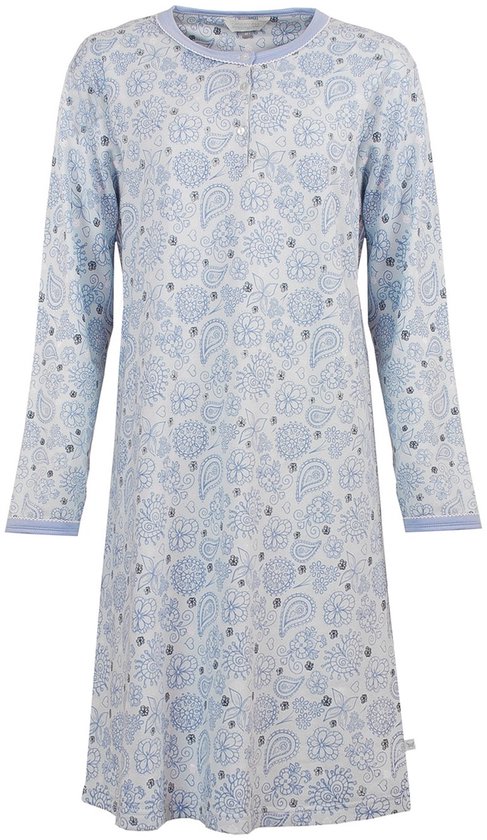 Lichtblauw nachthemd met lange mouwen, all-over paisley- en bloemenprint in blauw. Ronde halslijn met knoopjes en lichtblauwe bies.