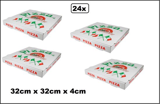 24 witte pizzadozen met groene "Pizza" tekst en Italiaanse vlaggen. Afmetingen 32x32x4cm.