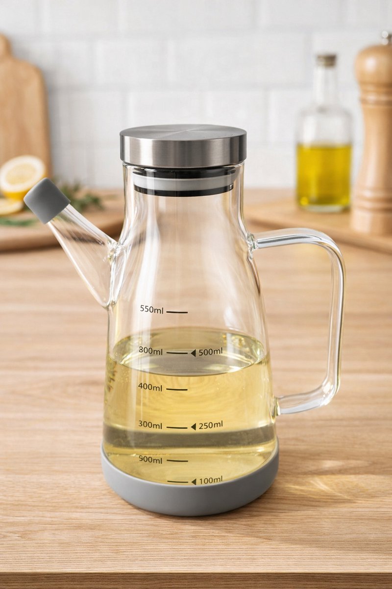 Glazen Olie- en Azijn Dispenser 550 ml – Met Maatverdeling & RVS Deksel – Lekvrij & Modern Design