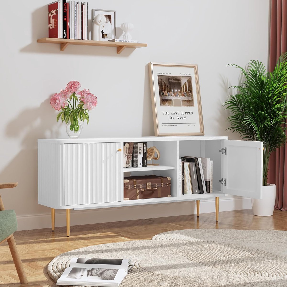 TV-meubel modern 140 x 62 cm – Lowboard met 2 deuren en afneembaar rek – Witte televisiekast voor woonkamer, slaapkamer en eetkamer – ABKantoor