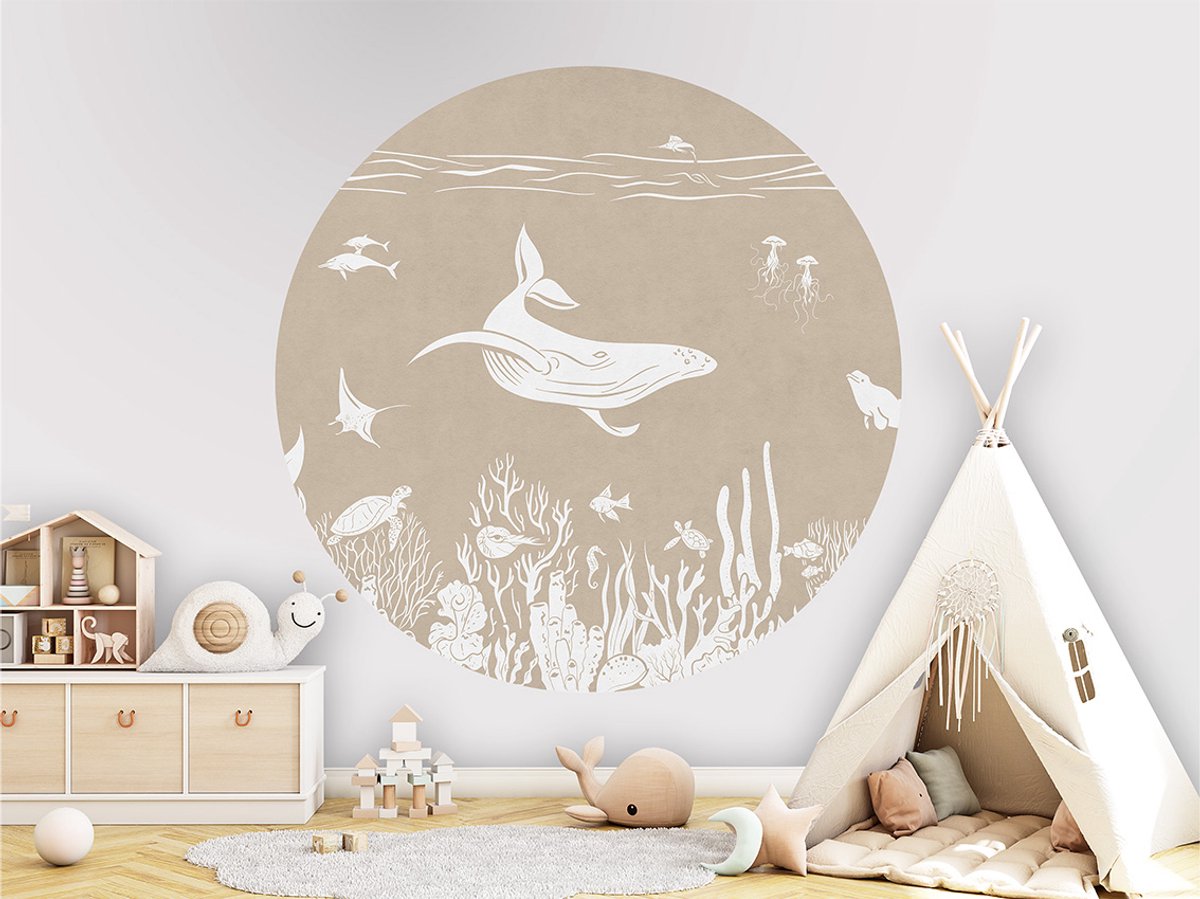 Muursticker - Behangcirkel - Kinderkamer - Decoratie rond - muurdecoratie - ø 80 cm - Onderwaterwereld - Bruin - Monochrome Sea Brown