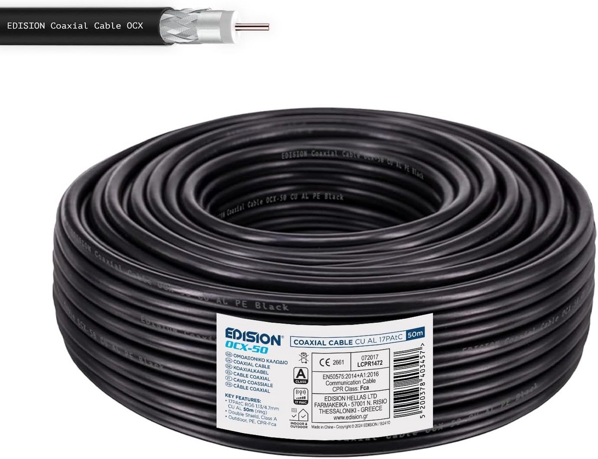 Coaxkabel RG-6 Klasse A 50 meter voor TV SAT DVB-T/C, dubbel afgeschermd