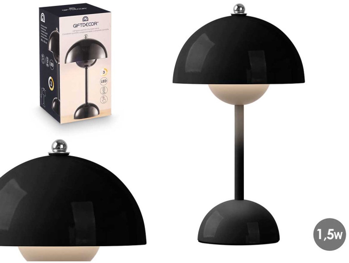 Oplaadbare Tafellamp - LED Nachtlamp - Retro Paddenstoel Lamp - Draadloze Sfeerlamp 1,5W - Zwart - Bedlamp Bureau Lamp en Decoratieve Nachtverlichting