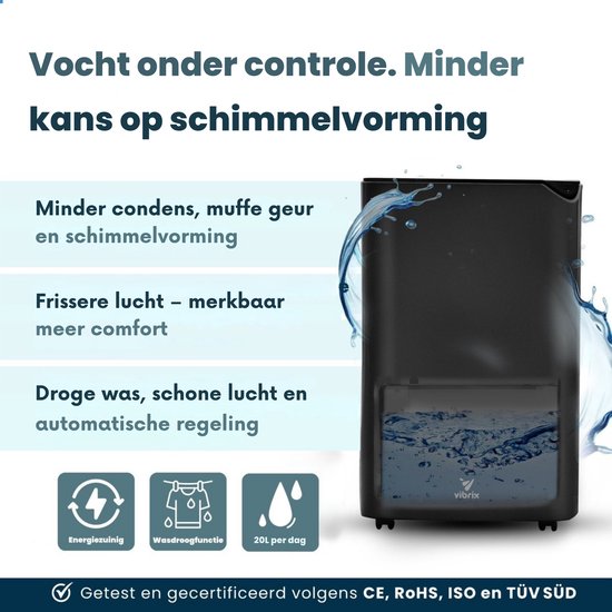 Vibrix DryFlow20 Pro Luchtontvochtiger & Luchtreiniger – 20L per dag – Bediening via App – Ionisator & UV-licht – Wasdroogfunctie – Energiezuinig – Voor Badkamer, Kelder en Zolder – Dehumidifier