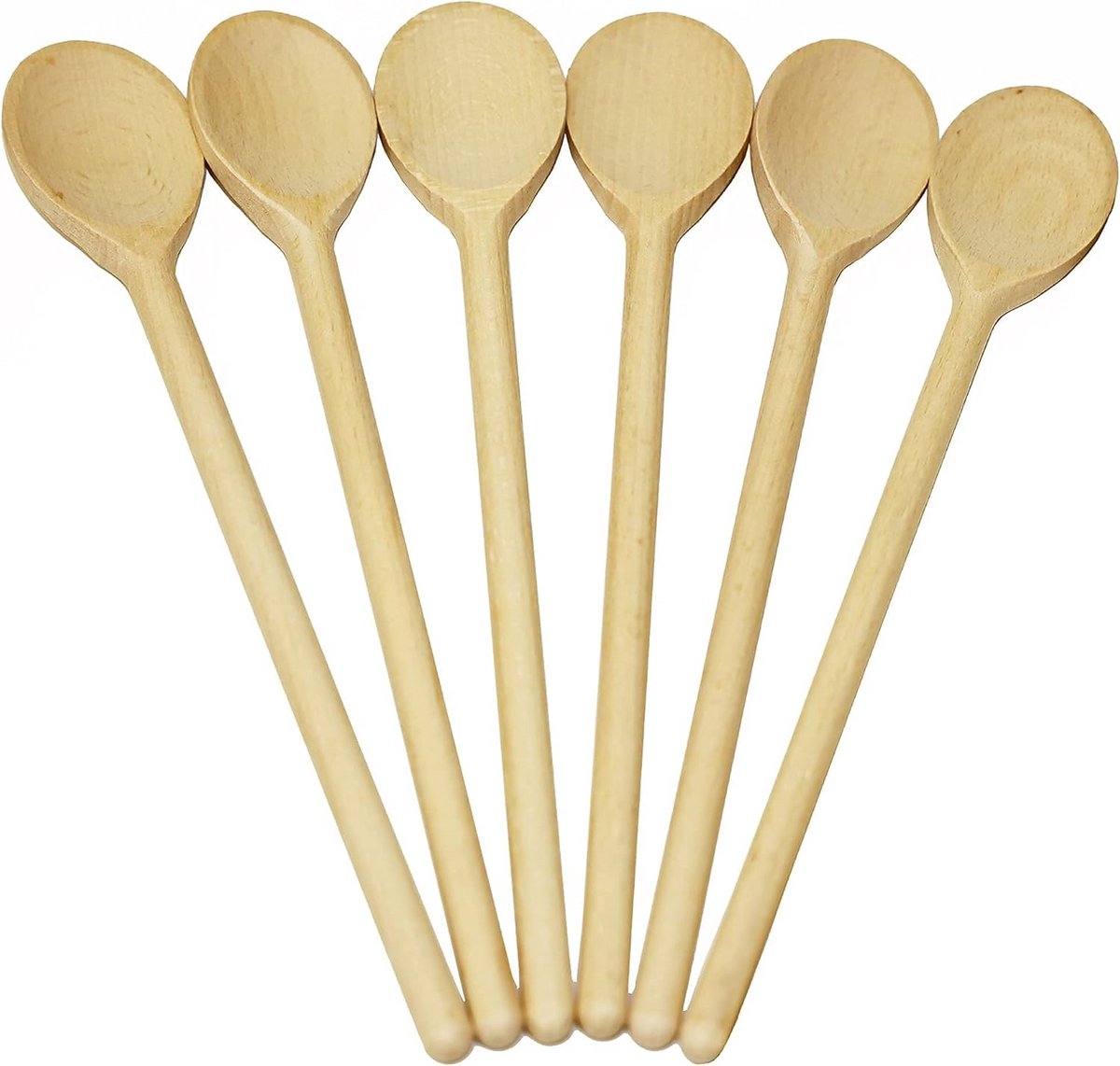 Set van 6 Houten Kooklepels met Lange Handgreep en Ovale Lepelkoppen