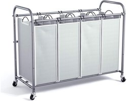 Zyrex® Wassorteerder 4 vakken - Wasmand 4 vakken - Wasmand Op Wieltjes – Grijs - 100 x 43 x 80cm