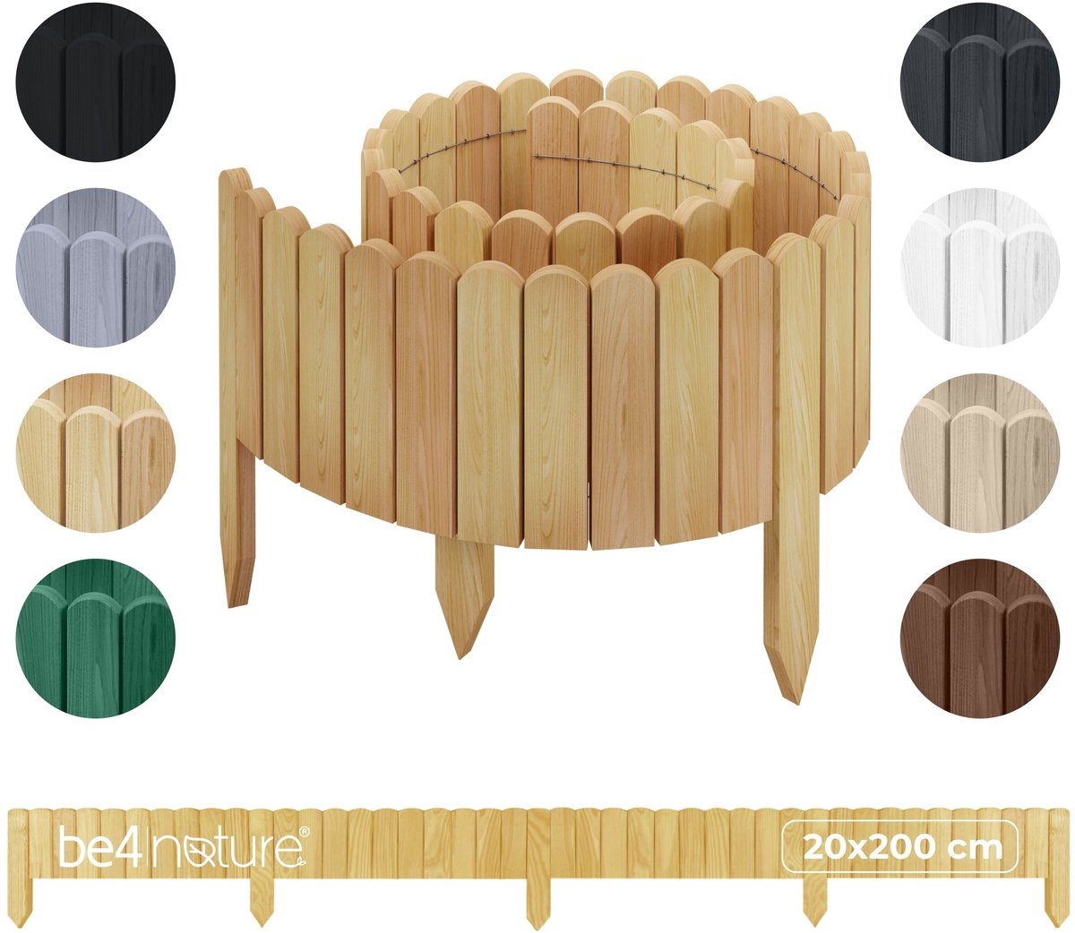 be4nature Flexibele houten border 20 x 200 cm Lichtbruin Geïmpregneerde rolborder plantenrand tuinhek decor palissade graskant