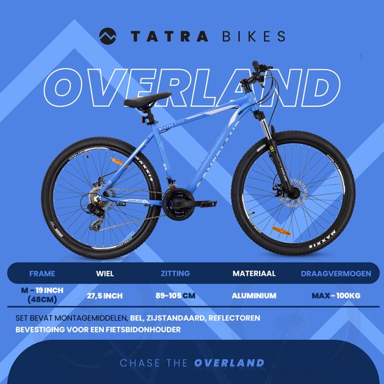 Tatra Bikes Mountainbike 27.5" Overland, MTB-fiets voor dames en heren, fiets 27.5" - 19 inch aluminium frame, 21 versnellingen, schokdemper, schijfremmen - Blauw — afbeelding 5