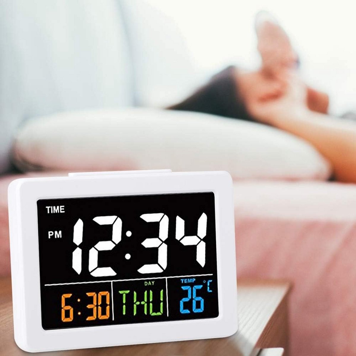 Digitale Wekker met Groot LCD-Scherm - Witte Tafelklok met Temperatuur en Datum