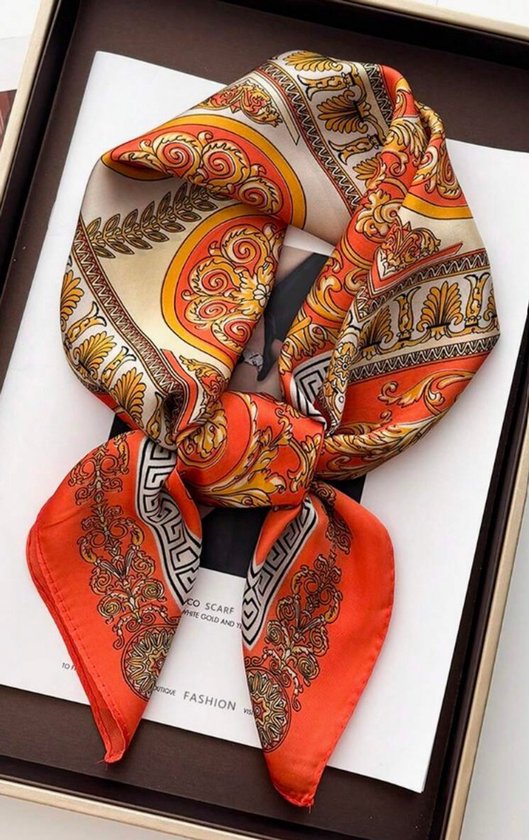 Stijlvolle Sjaal Oranje / Beige - DH collection - Klassieke print - Koningsdag - Holland - Hoofdband - Sjaaltje - Bandana - Haarband | Effen | Prachtige glans | Chique om nek of aan tas!