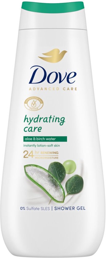Witte Dove douchecrème fles met groene dop. Hydrating care, aloë & berk water.