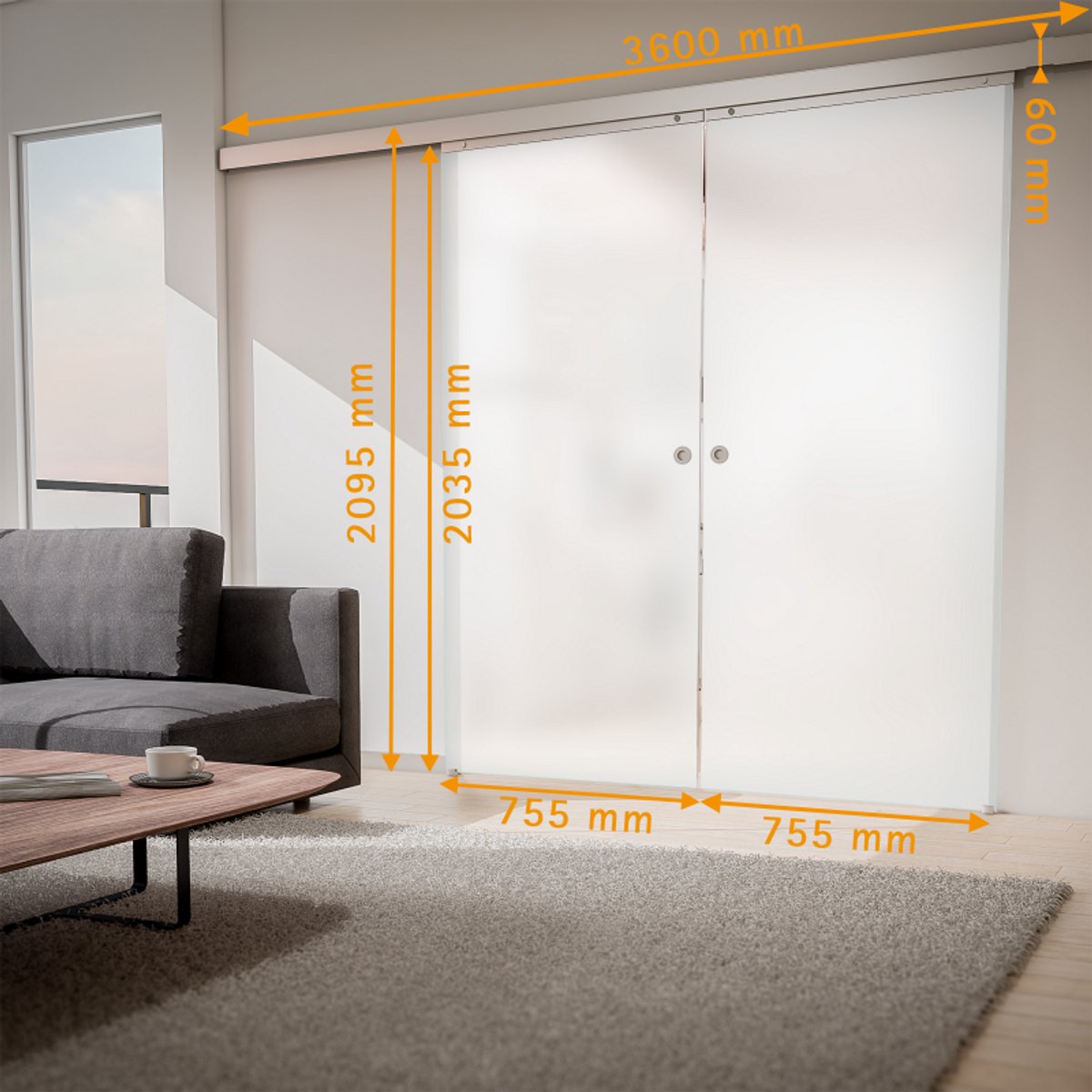Schulte complete glazen dubbele schuifdeur - 151x203 - ondoozichtig - rond greep - dubbele softclose
