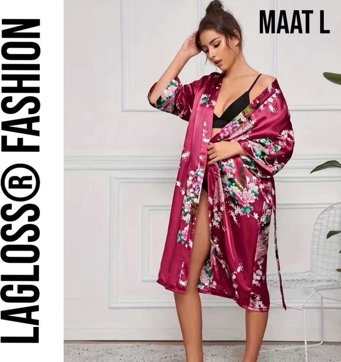 LaGloss® Lange Damesbadjas Karmozijnrood met Bloemen- en Pauwenprint – Ochtendjas – Nachtkleding – Maat L